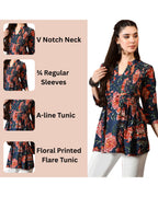 Women’s Cotton Floral Printed V-Neck Pleated Tunic Top