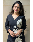 Women Black Floral Rayon Slub Kurta Pant Set