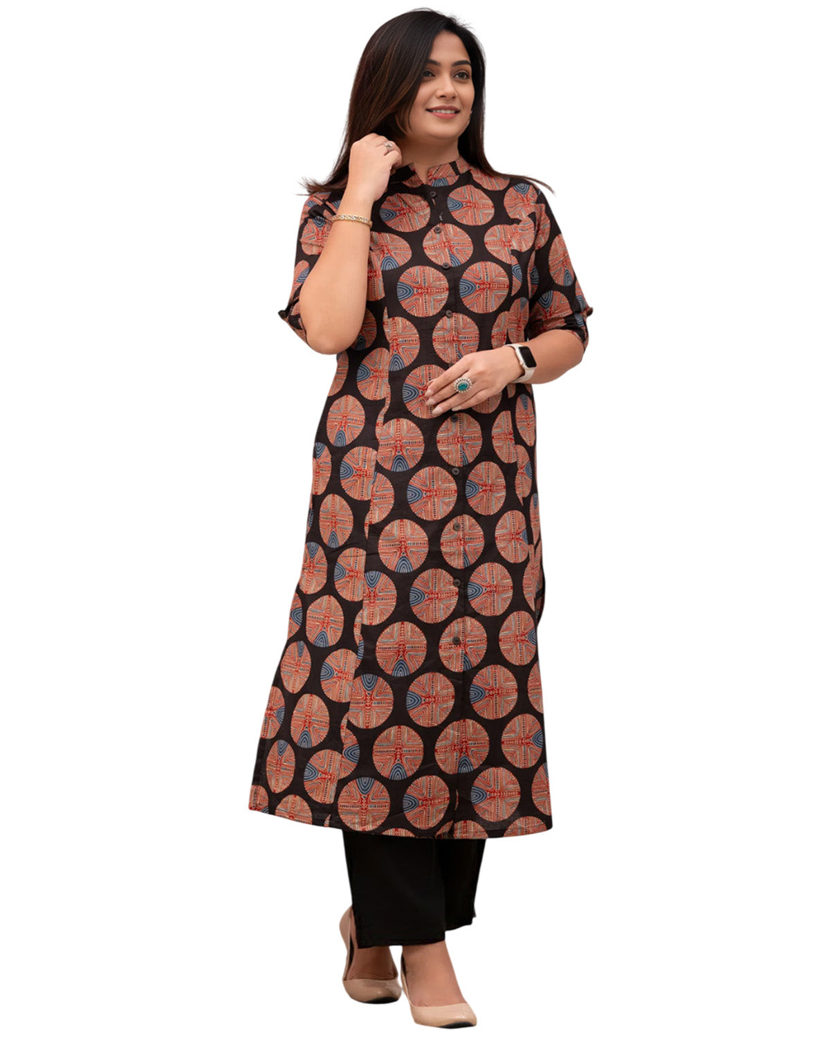 Women Rayon Printed Straight Kurta with Solid Pants