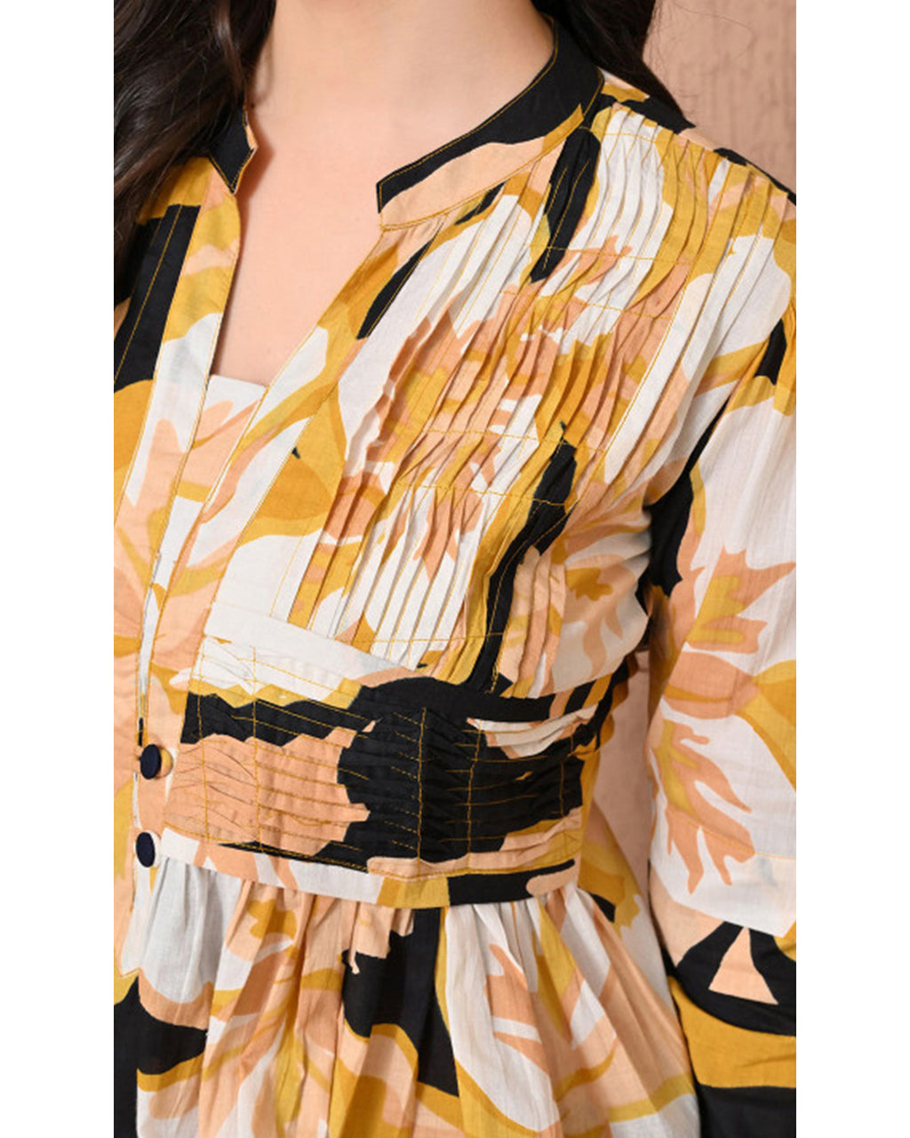 Women’s Cotton Abstract Printed Pleated Yoke Top