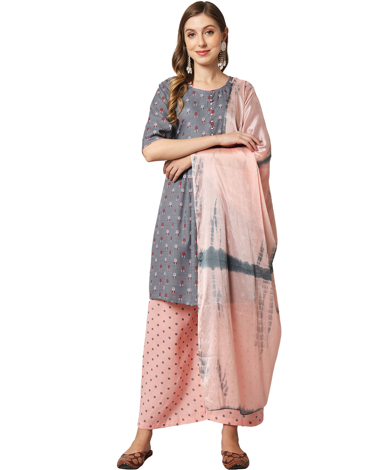 Cotton blend print kurta set with dupatta