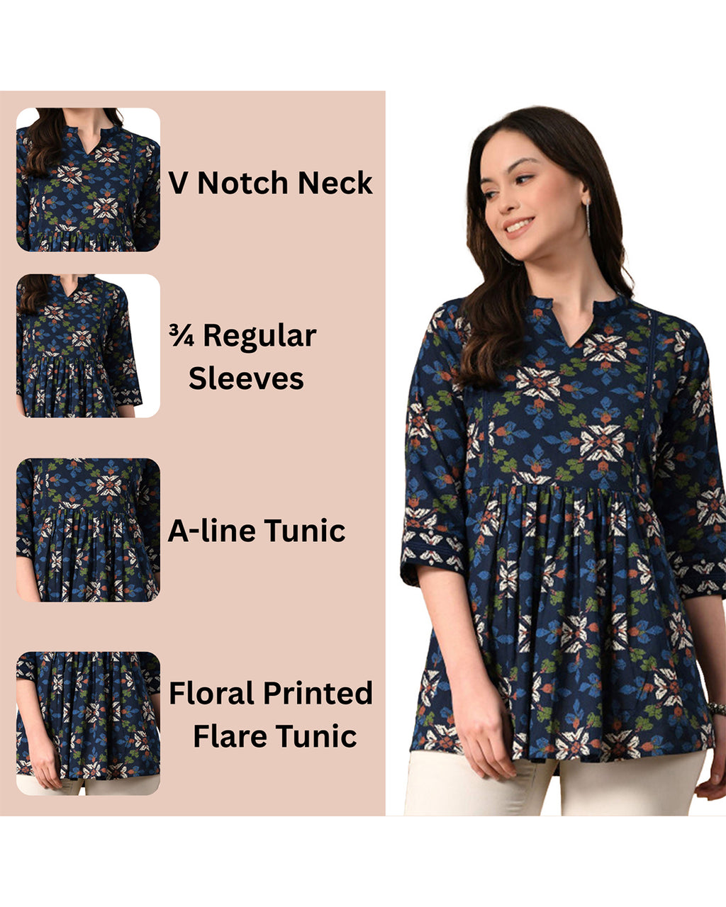 Women’s Cotton Printed A-Line Peplum Tunic Top