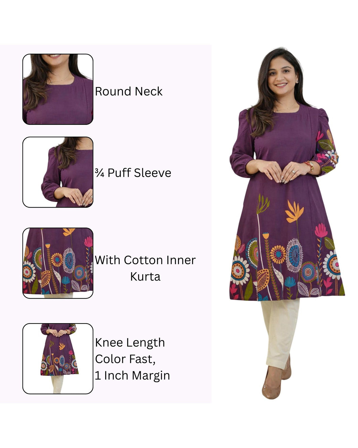 Purple Floral Printed Rayon A-Line Knee Length Kurti for Women