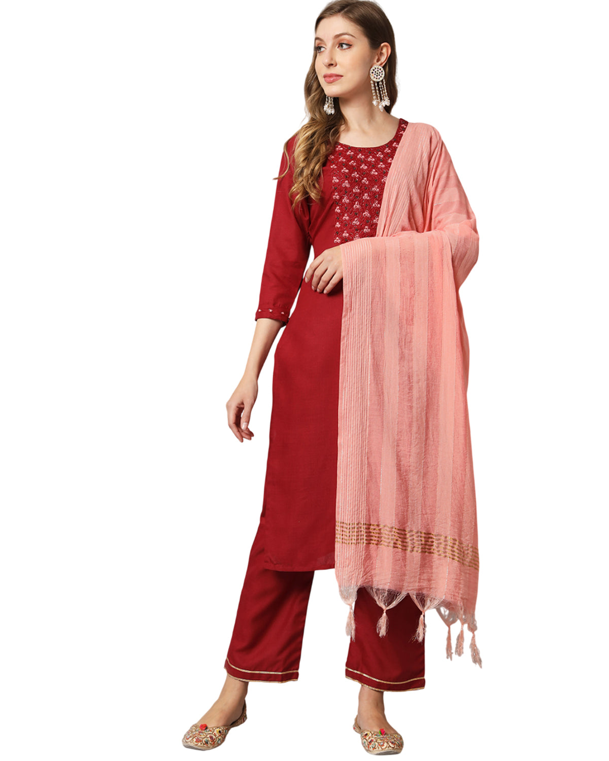 Cotton blend hand embroidery kurta set with dupatta