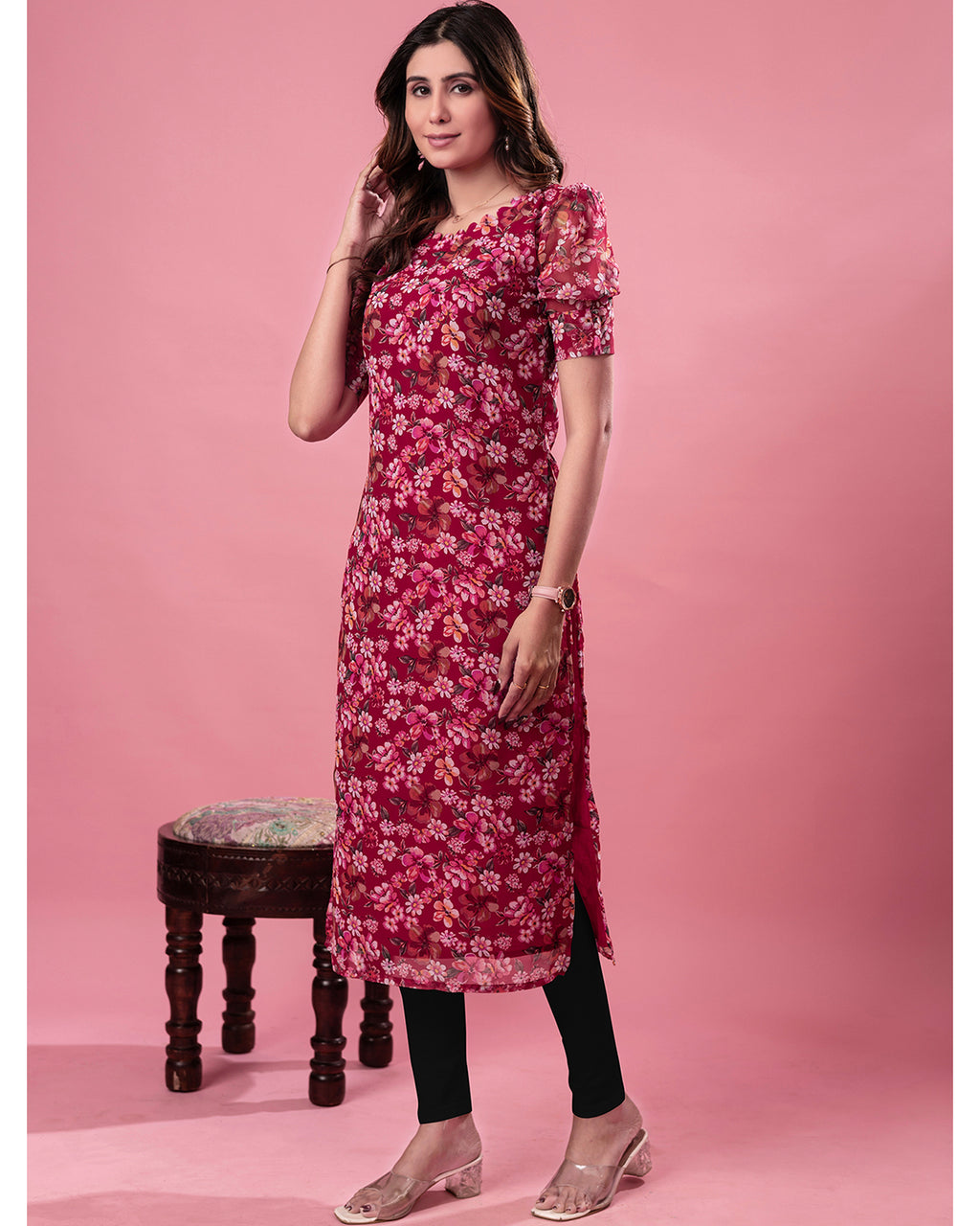 Women’s Red Floral Print Georgette Straight Kurta