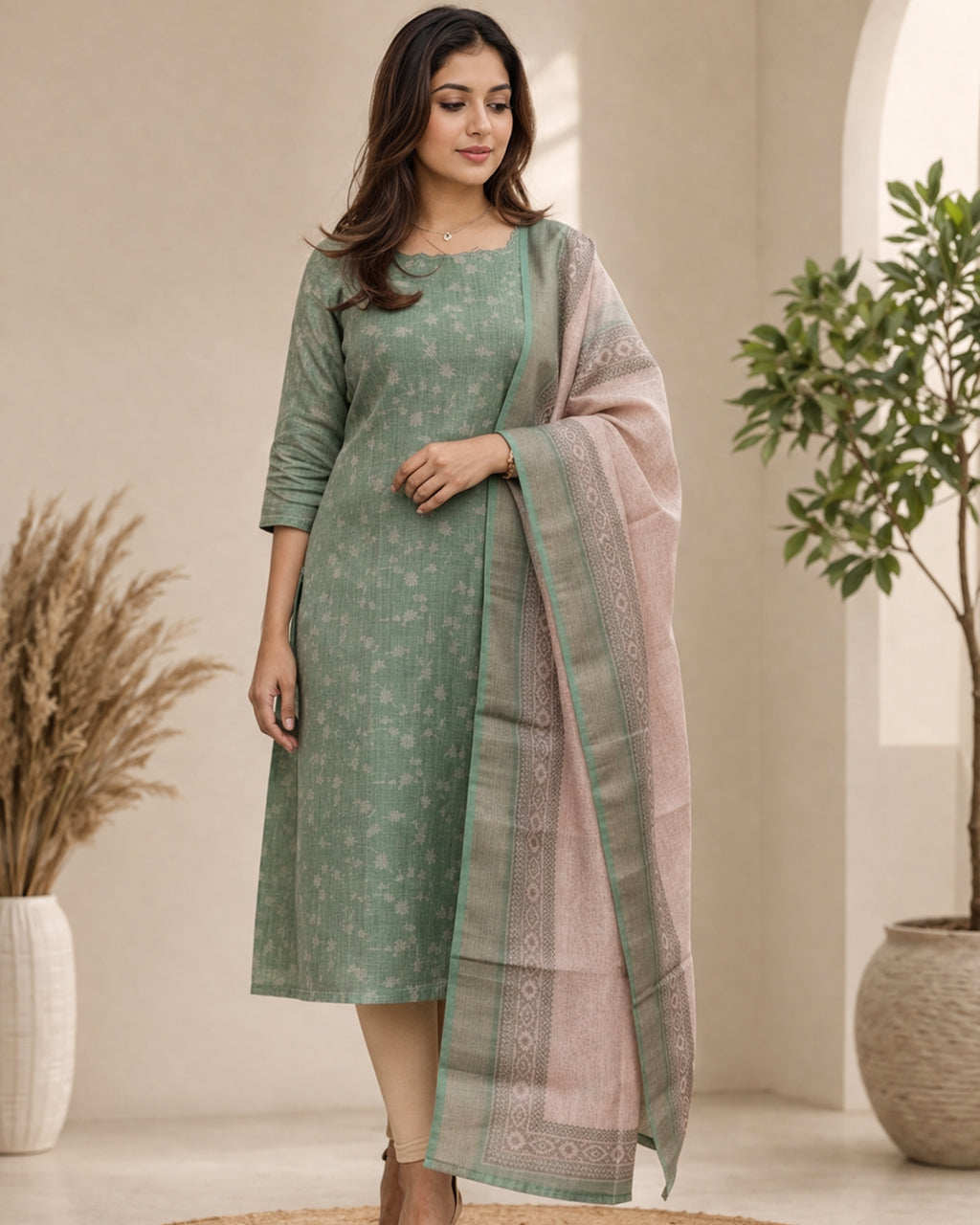 Green Chanderi Kurti with Dupatta – Casual Chic