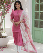 Women’s Chanderi Straight Kurti with Printed Organza Dupatta