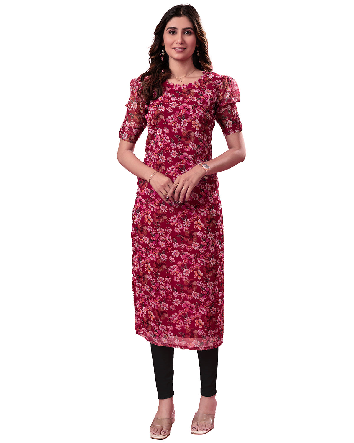 Women’s Red Floral Print Georgette Straight Kurta