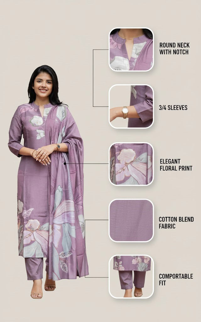 Women’s 3 Piece Cotton Blend Kurta with Pant & Dupatta