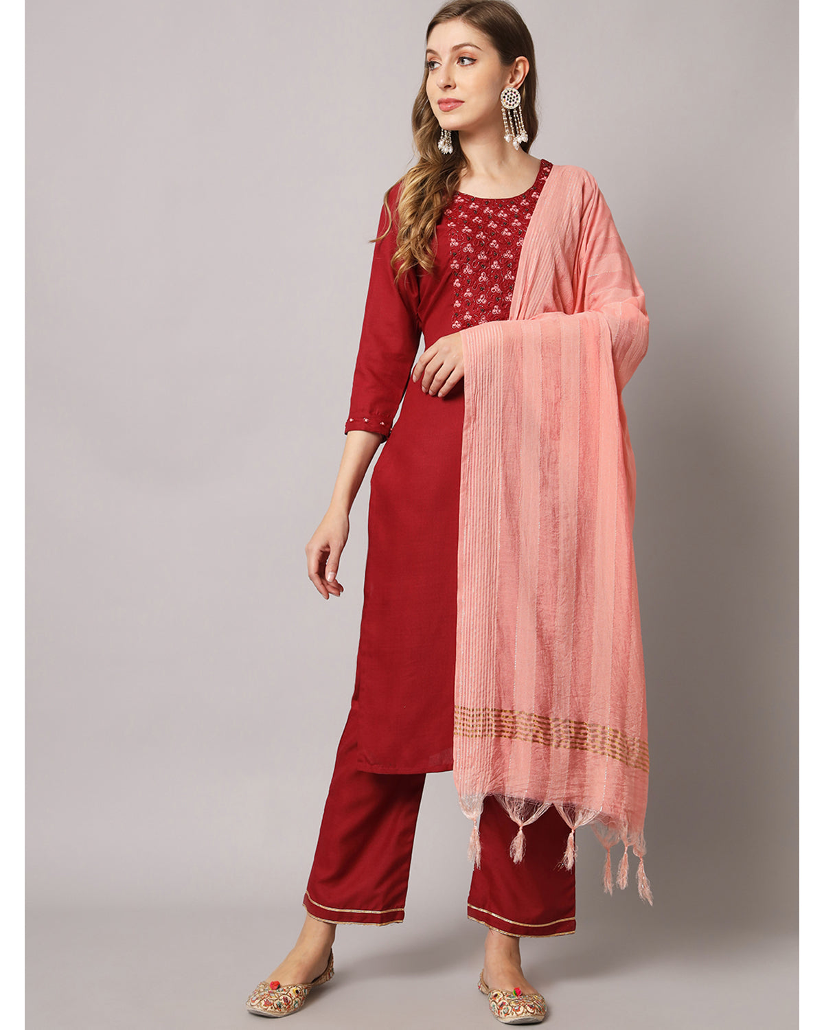 Cotton blend hand embroidery kurta set with dupatta