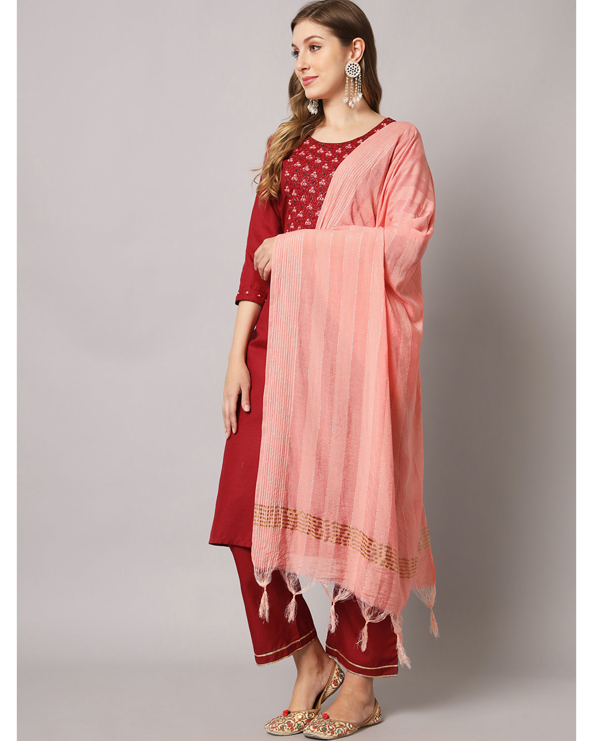 Cotton blend hand embroidery kurta set with dupatta