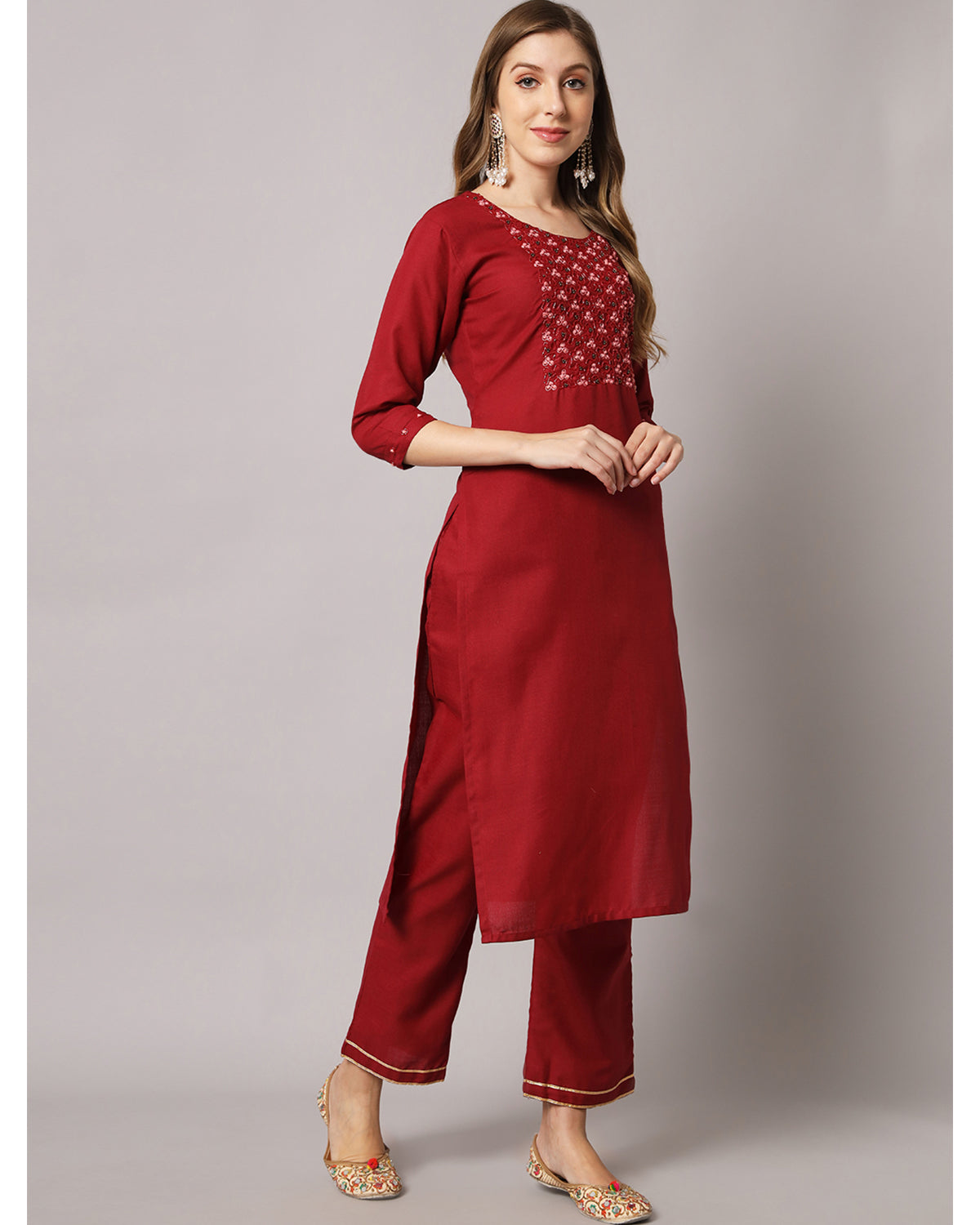 Cotton blend hand embroidery kurta set with dupatta
