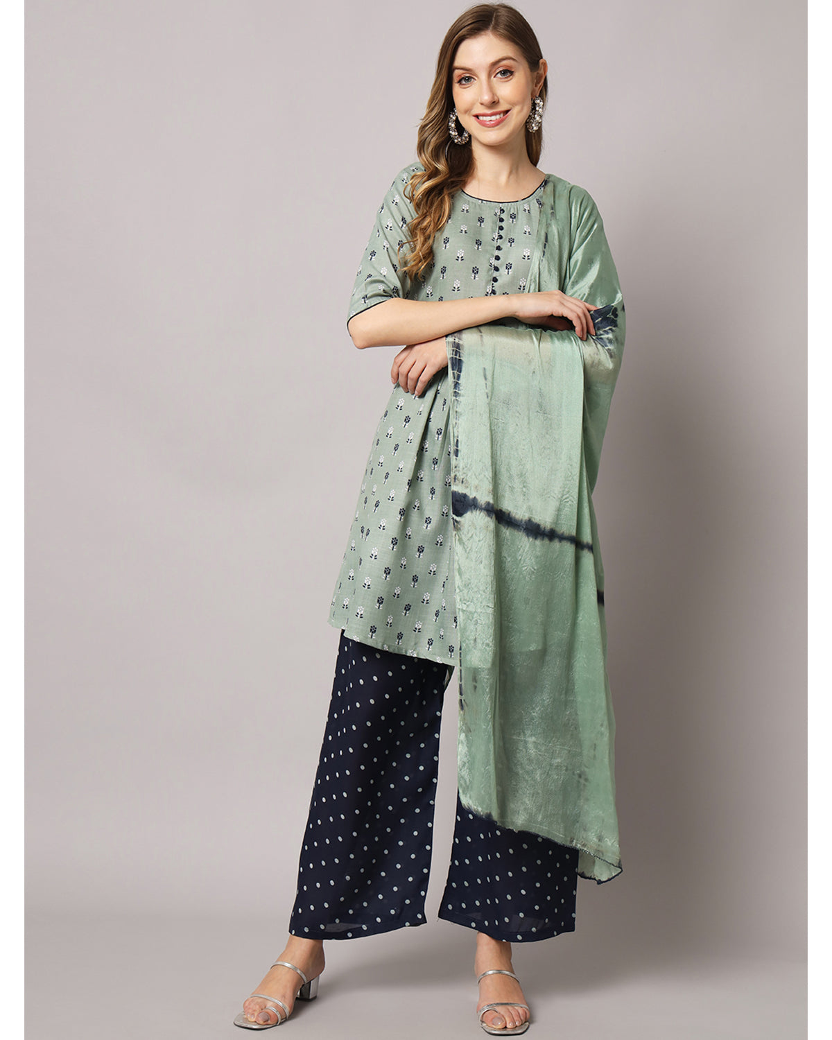 Cotton blend print kurta set with dupatta