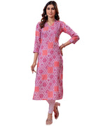 Women’s Pink Printed Rayon Slub Straight Kurta
