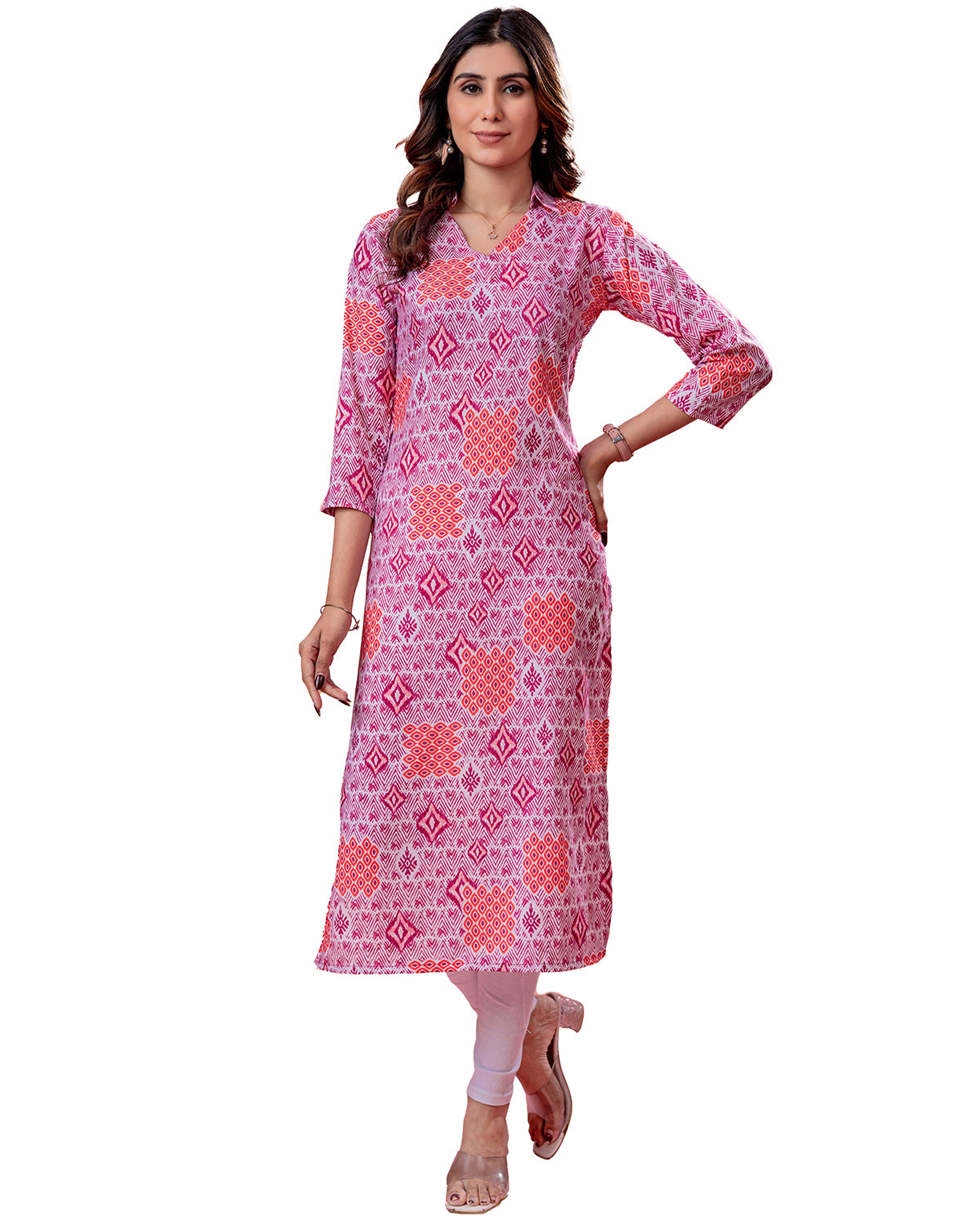 Women’s Pink Printed Rayon Slub Straight Kurta