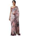 Pink Linen Saree with Floral Print and Mauve Border With Blouse Piece