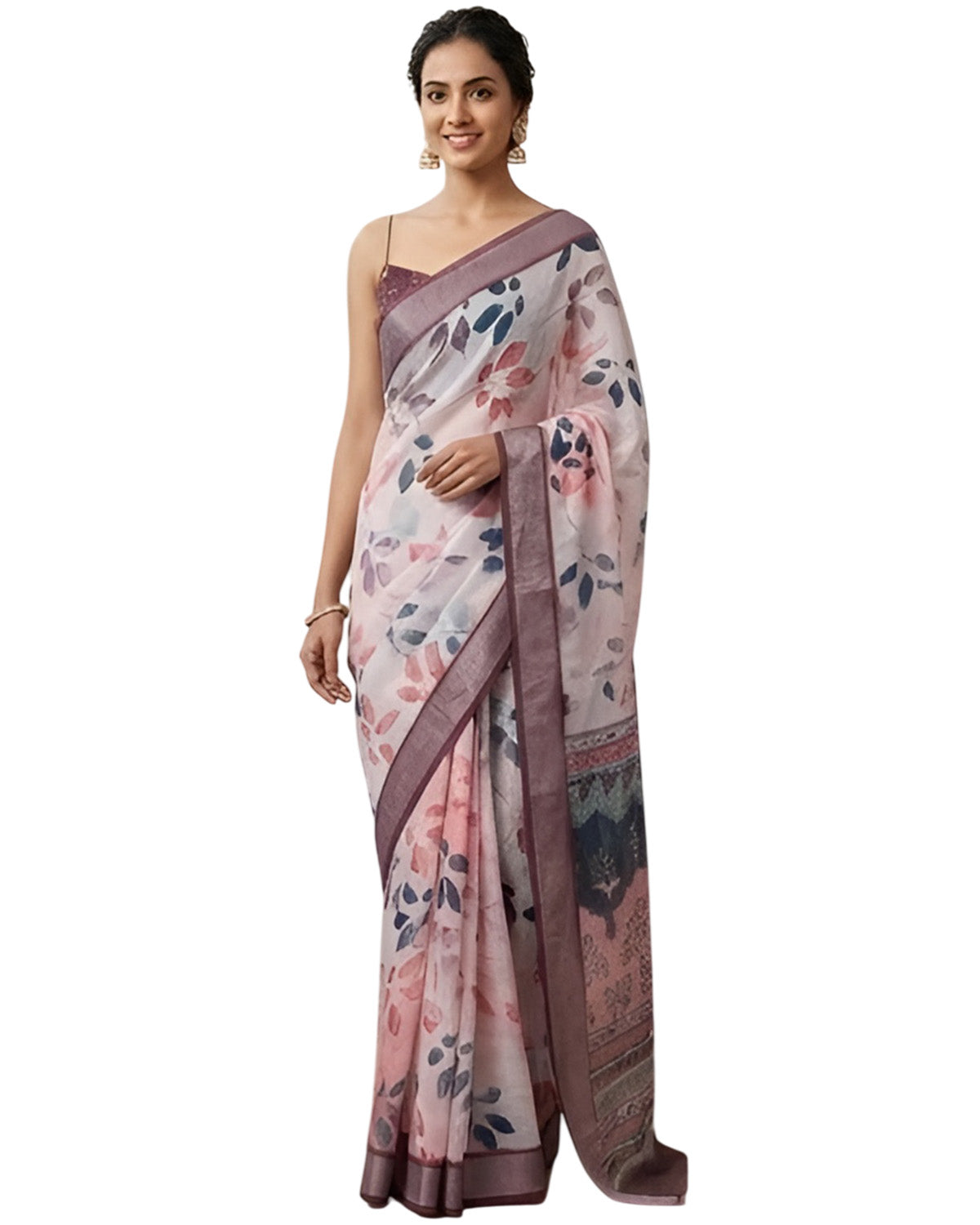 Pink Linen Saree with Floral Print and Mauve Border With Blouse Piece