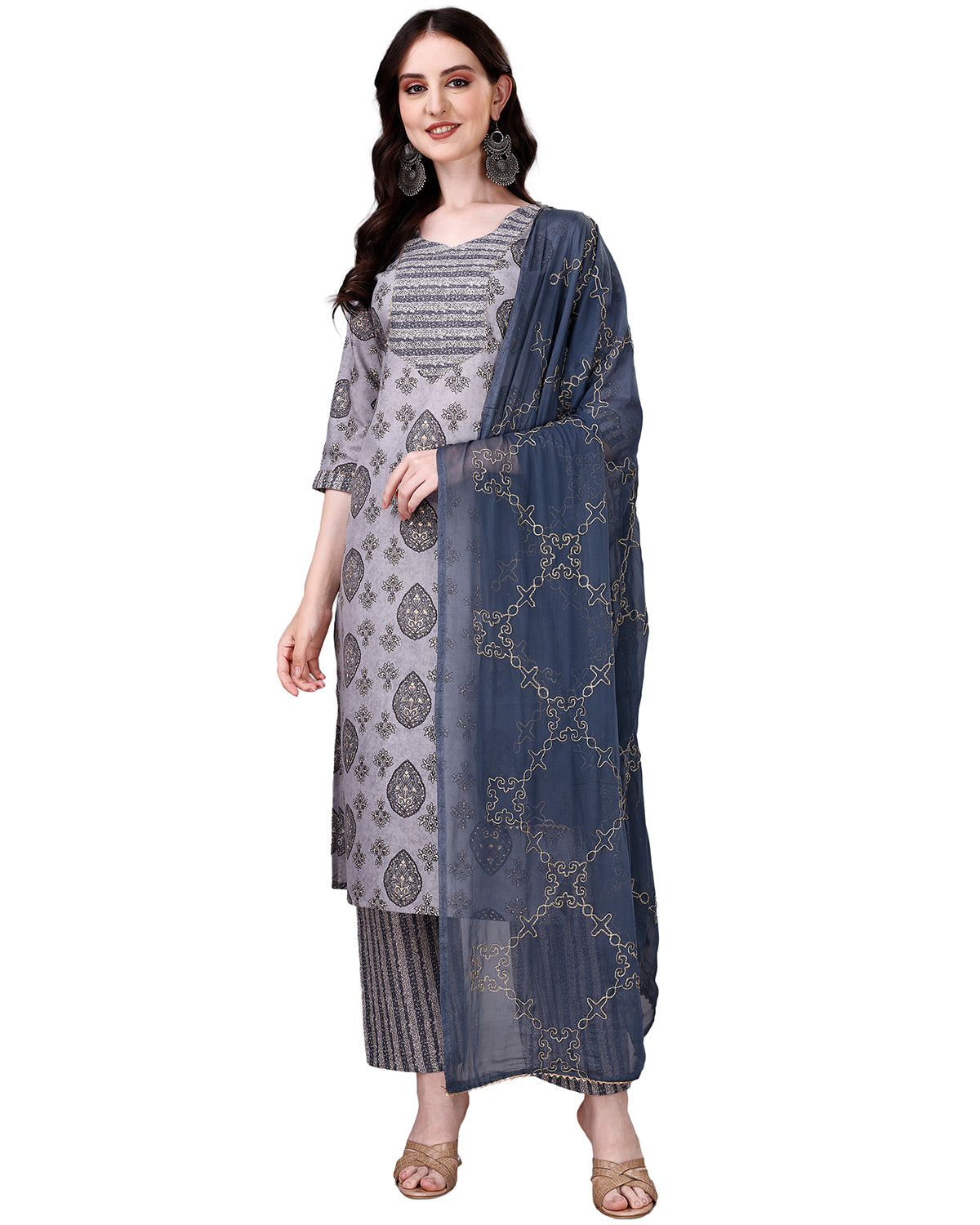 Cotton blend print kurta set with dupatta