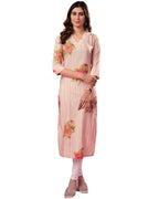 Women Pink Floral Printed Rayon Slub Kurta