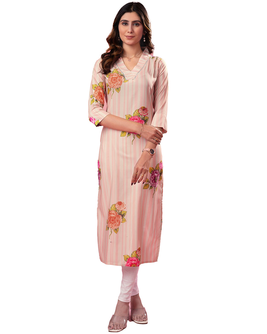 Women Pink Floral Printed Rayon Slub Kurta