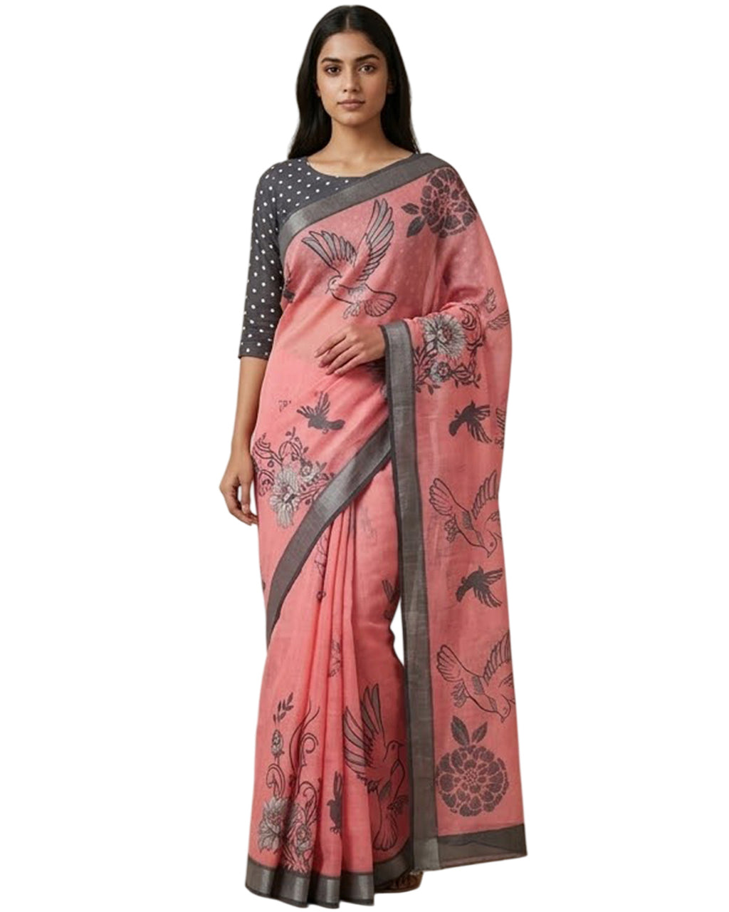 Pink Linen Saree with Bird Print and Grey Border With Blouse Piece