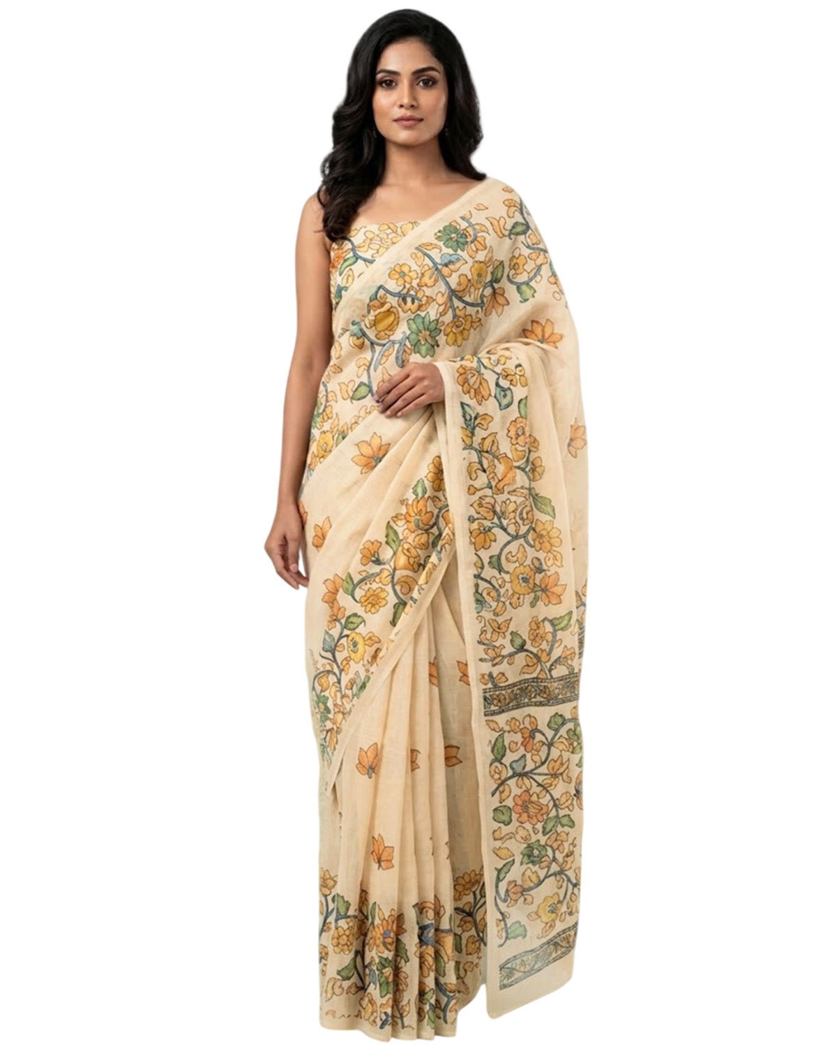 Women's Beige Linen Saree With Printed Work & Blouse Piece