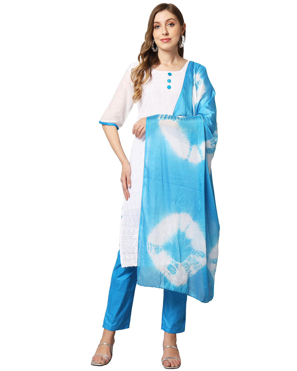 Cotton blend chikenkari kurta set with dupatta