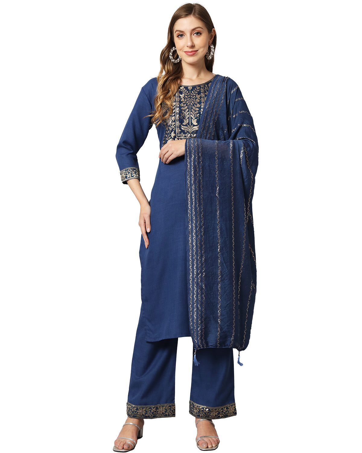 Cotton blend yoke print kurta set with dupatta