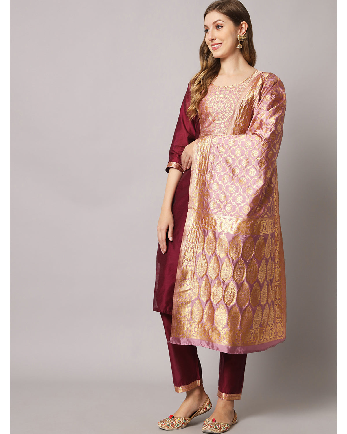Silk blend jacquard gala kurta set  with dupatta