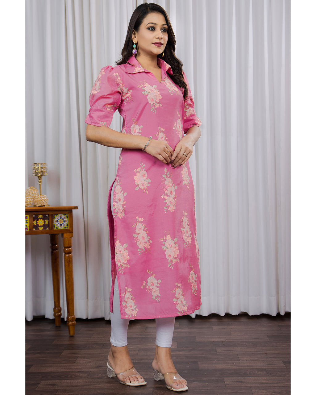 Chanderi Floral Printed Calf Length Kurta For Women
