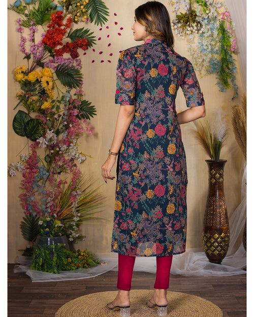 Chanderi Floral Printed Calf Length Kurta For Women
