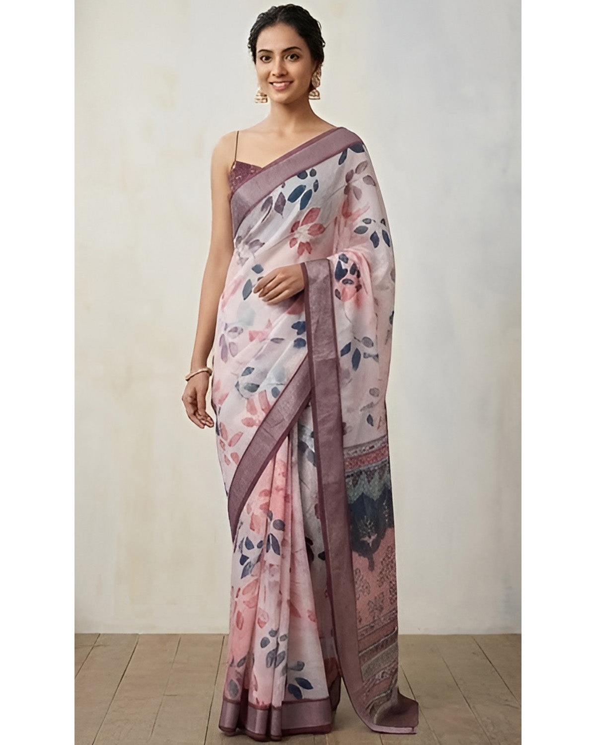 Pink Linen Saree with Floral Print and Mauve Border With Blouse Piece
