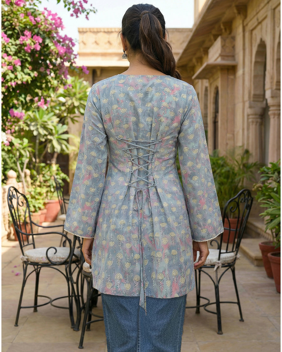 Cotton Blend Printed Straight Short Kurti for Women