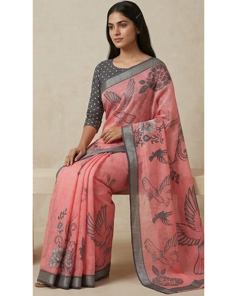 Pink Linen Saree with Bird Print and Grey Border With Blouse Piece