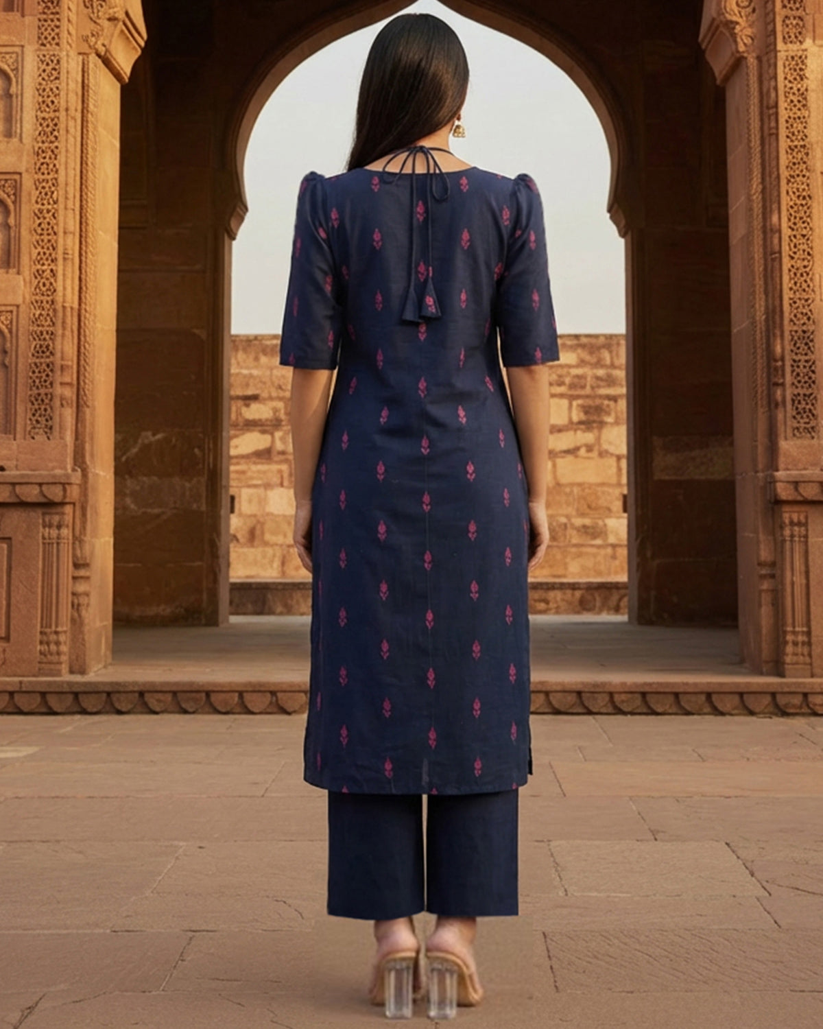 Women Navy Blue Printed Cotton Kurta Set
