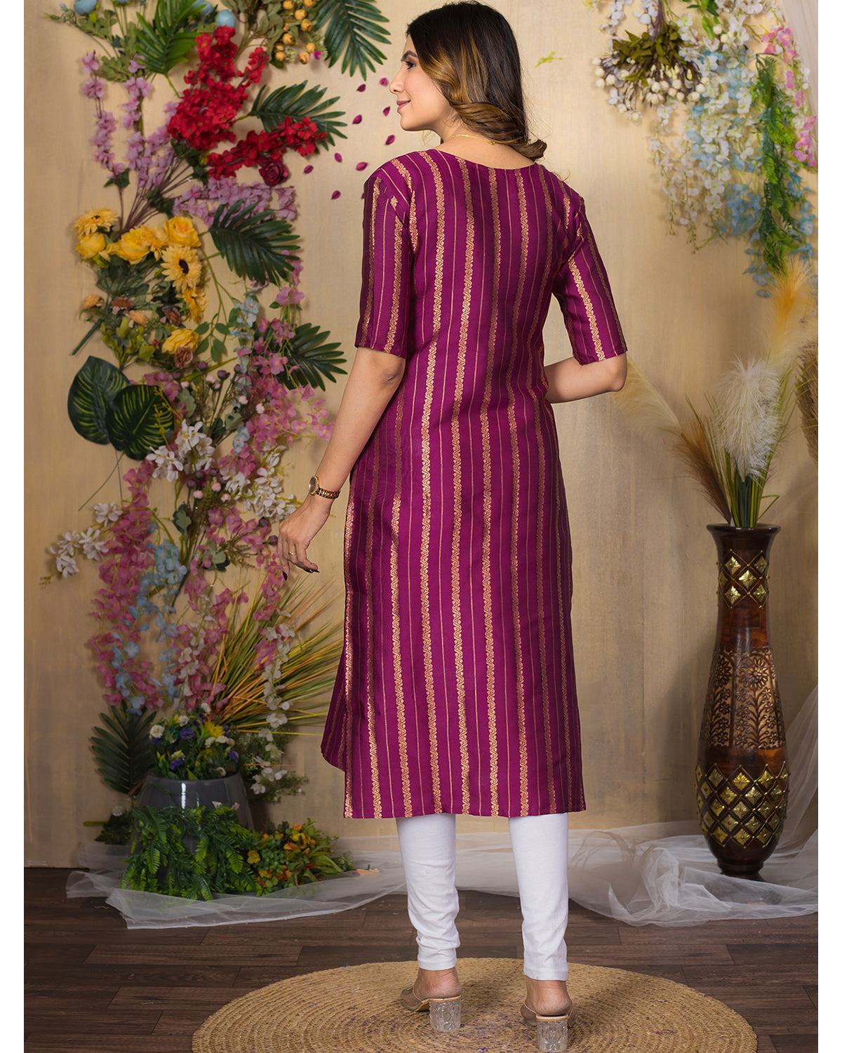 Jacquad weaving Calf Length Kurta For Women KT34_Wine