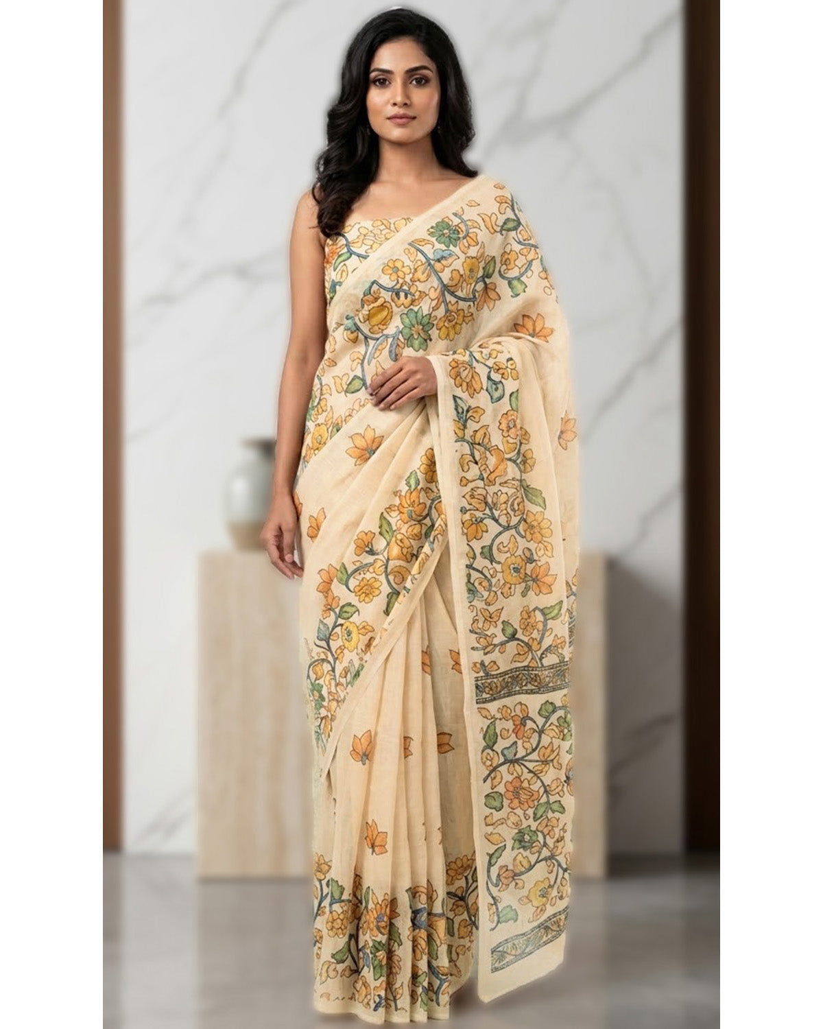 Women's Beige Linen Saree With Printed Work & Blouse Piece