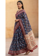 Navy Blue Linen Saree with Maroon Border & Printed Pallu With Blouse Piece