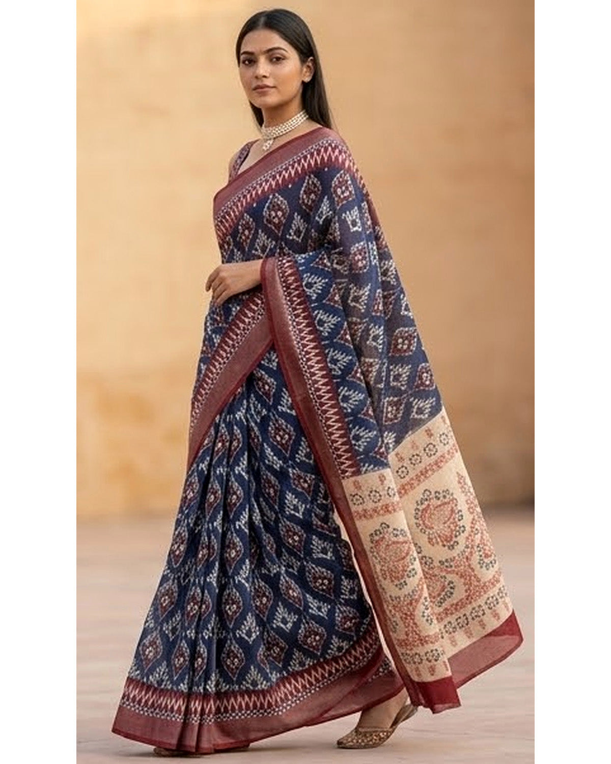 Navy Blue Linen Saree with Maroon Border & Printed Pallu With Blouse Piece