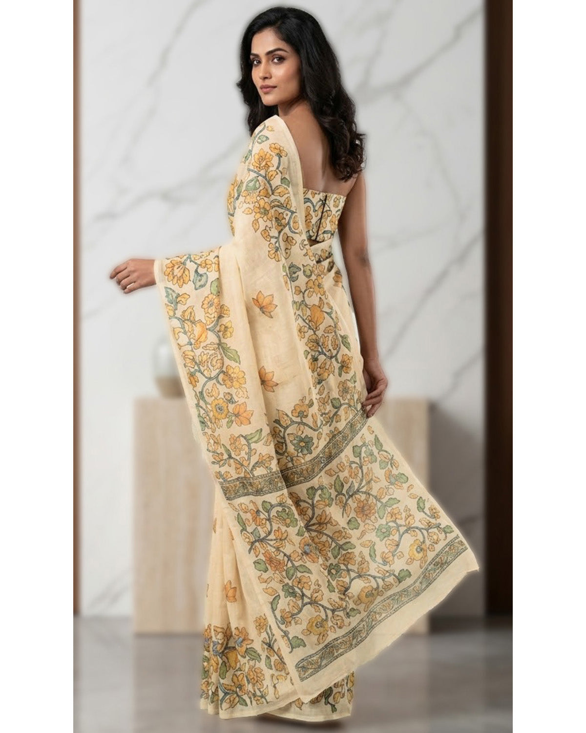 Women's Beige Linen Saree With Printed Work & Blouse Piece