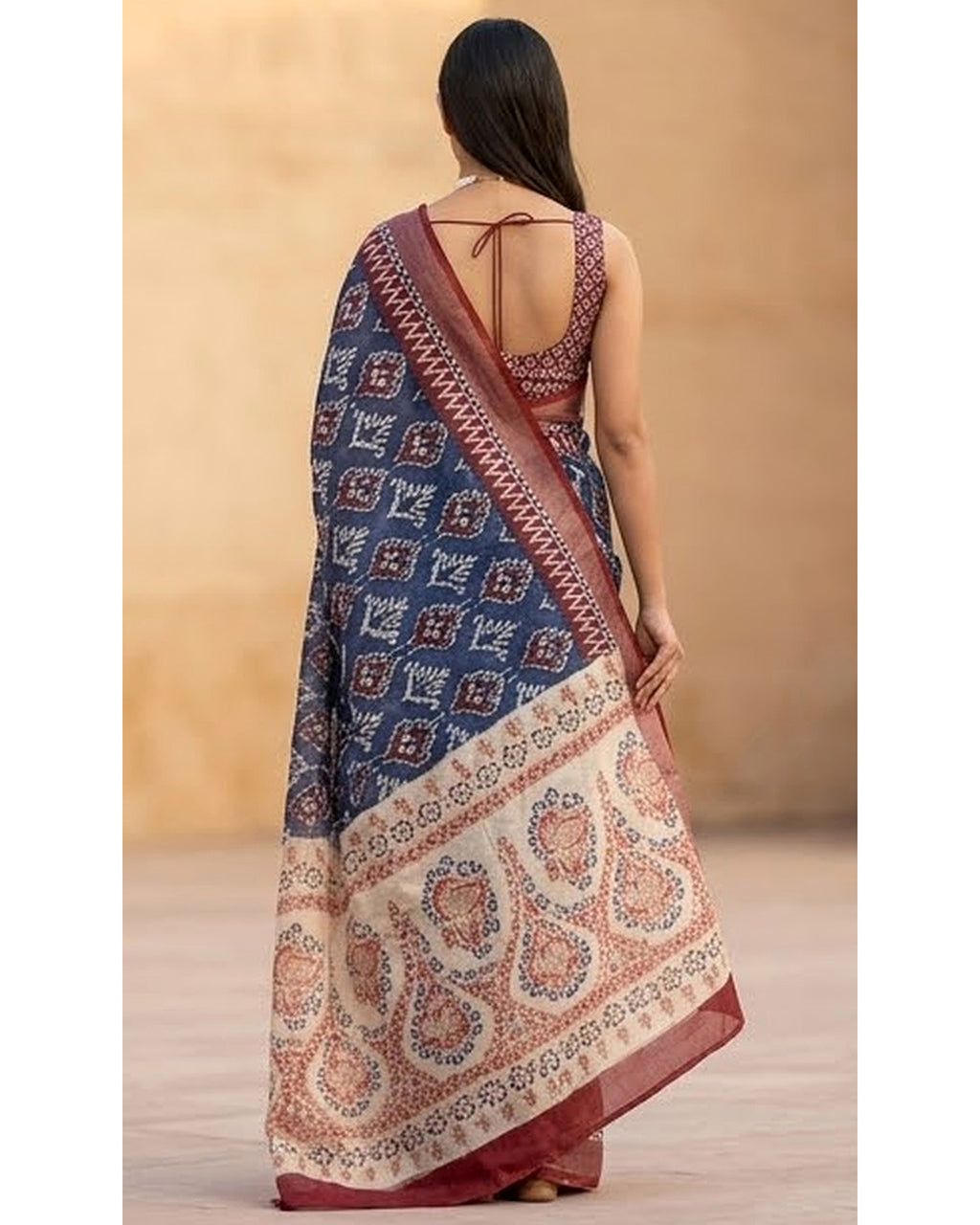 Navy Blue Linen Saree with Maroon Border & Printed Pallu With Blouse Piece