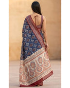 Navy Blue Linen Saree with Maroon Border & Printed Pallu With Blouse Piece