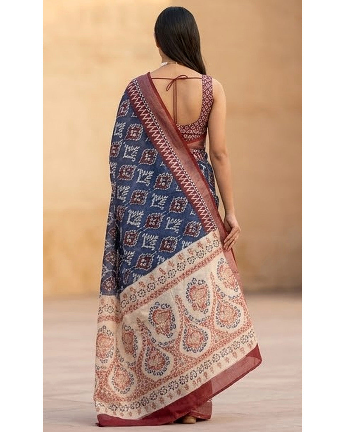 Navy Blue Linen Saree with Maroon Border & Printed Pallu With Blouse Piece