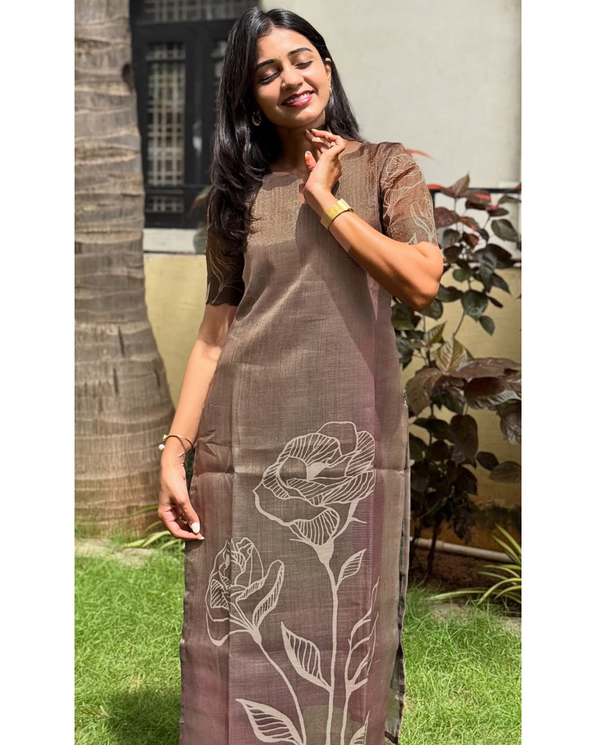 Women's Brown Chanderi Kurti with Dupatta – Casual Chic