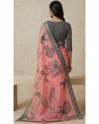 Pink Linen Saree with Bird Print and Grey Border With Blouse Piece