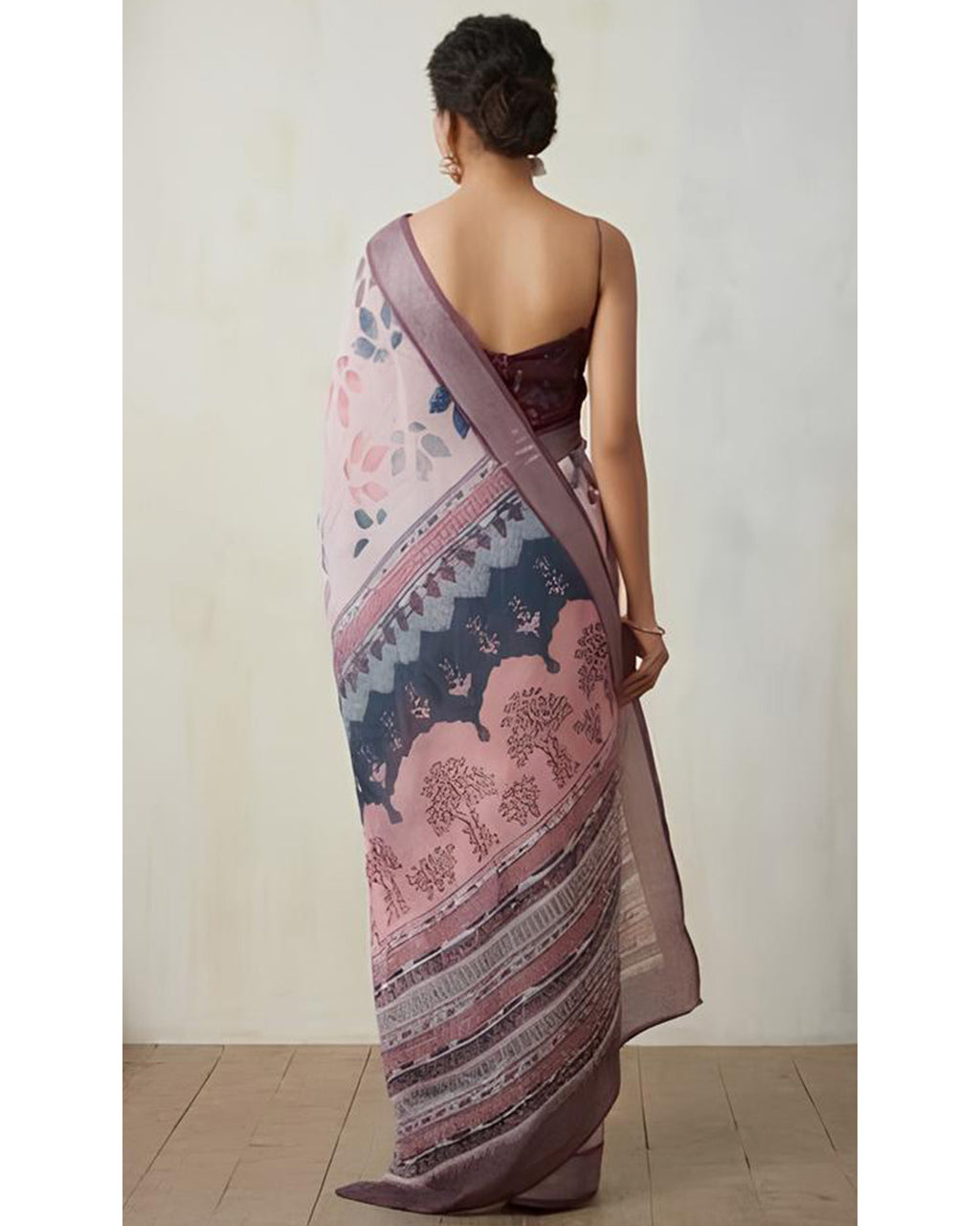 Pink Linen Saree with Floral Print and Mauve Border With Blouse Piece