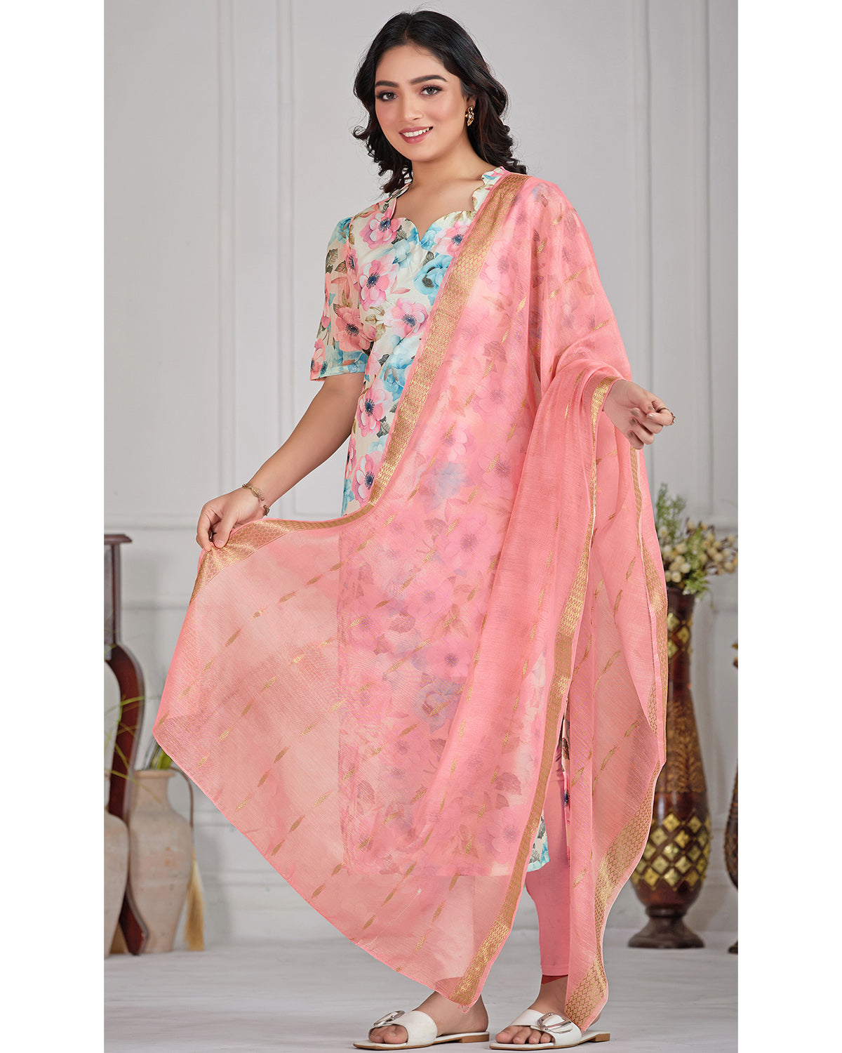 Women’s Chanderi Printed Straight Kurta with Dupatta