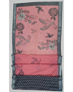 Pink Linen Saree with Bird Print and Grey Border With Blouse Piece