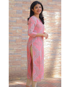 Women’s Chanderi Floral Printed Straight Kurti – Calf Length