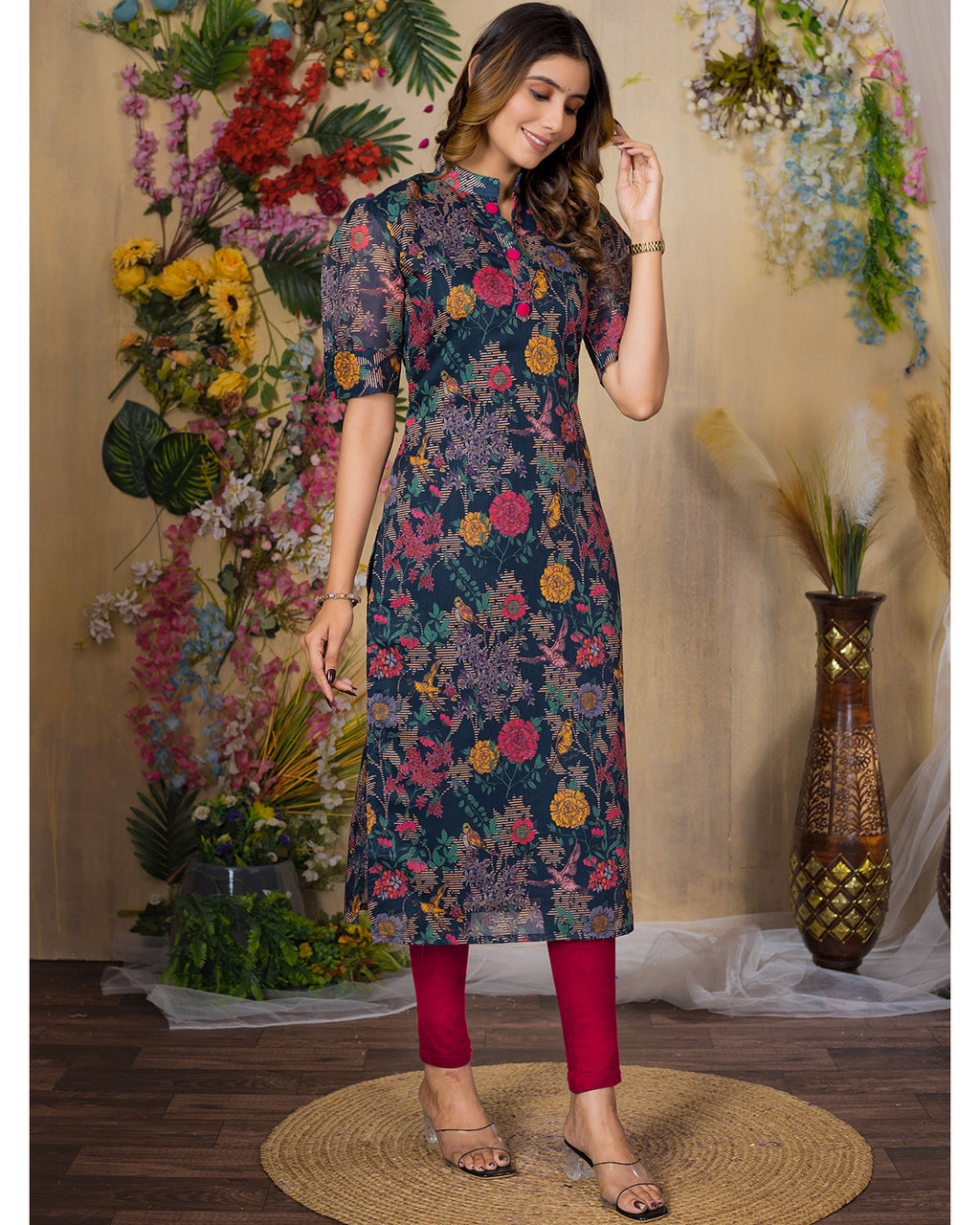Chanderi Floral Printed Calf Length Kurta For Women